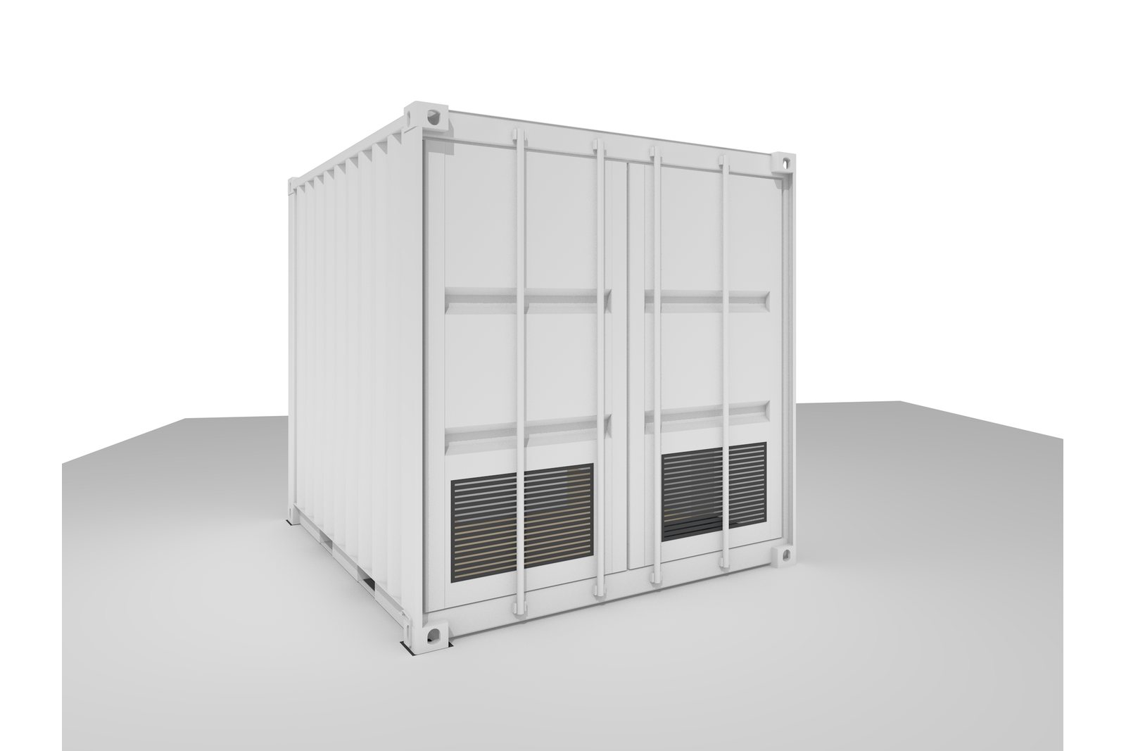 Rendu 3D du local onduleur : container 10 pieds blanc avec grilles d'aération