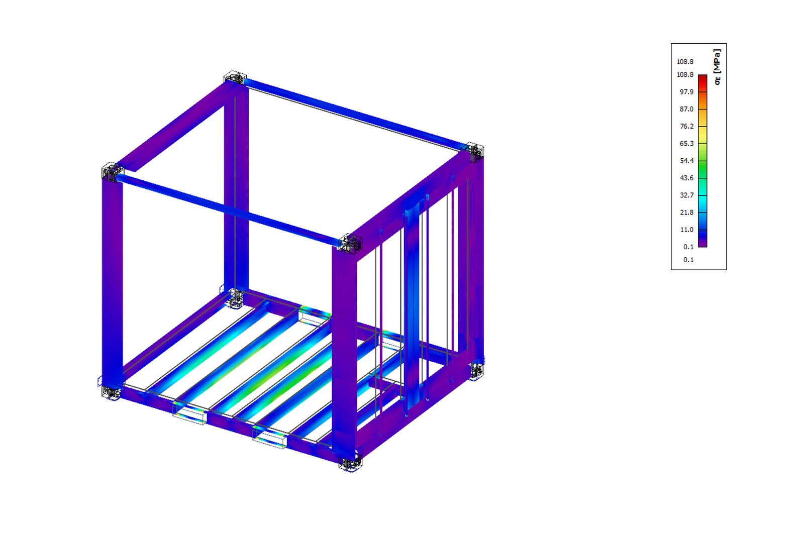 Modèle de calcul de l’ossature du container : contraintes dans les poteaux, longerons et traverses du plancher